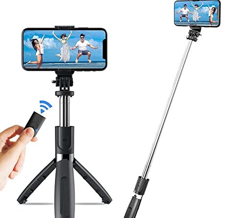 Teconica XT02 Bluetooth Extendable Selfie Stick with Wireless Remote and Tripod Stand Ultra Compact Selfie Stick for Mobile and All Smart Phones – (Black)