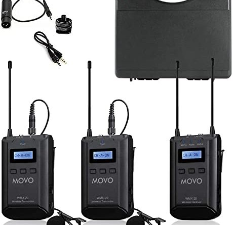 Movo WMX-20-DUO 48-Channel UHF Wireless Lavalier Microphone System with 1 Receiver, 2 Transmitters, and 2 Lapel Microphones (330' ft Audio Range)