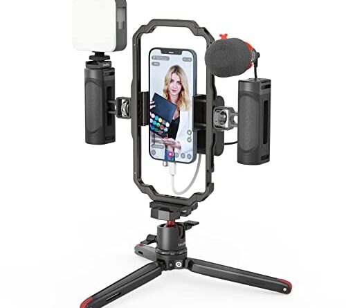 SmallRig Universal Phone Video Rig Kit for iPhone, Smartphone and Cameras, Phone Stabilizer Rig w/ Tripod Microphone LED Light Side Handle Power Bank Holderm, for Vlogging & Live Streaming - 3384B