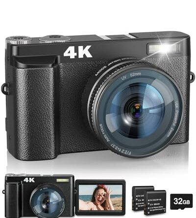 4K Digital Camera with Flash & Selfie, 48MP Camera for Photography with Autofocus 16X Zoom, Anti-Shake Vlogging Camera Compact Travel Digital Cameras with Flip Screen, 32 GB SD Card, Two Batteries