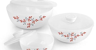 CELLO Opalware Twilight Floral Mixing Bowls with Lid(500ml, 1000ml,1500ml), 3 Units, White